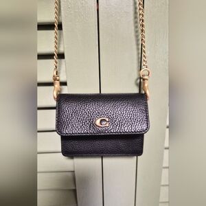 Black Coach Half Flap Card Case With  Cross Body Gold Chain
